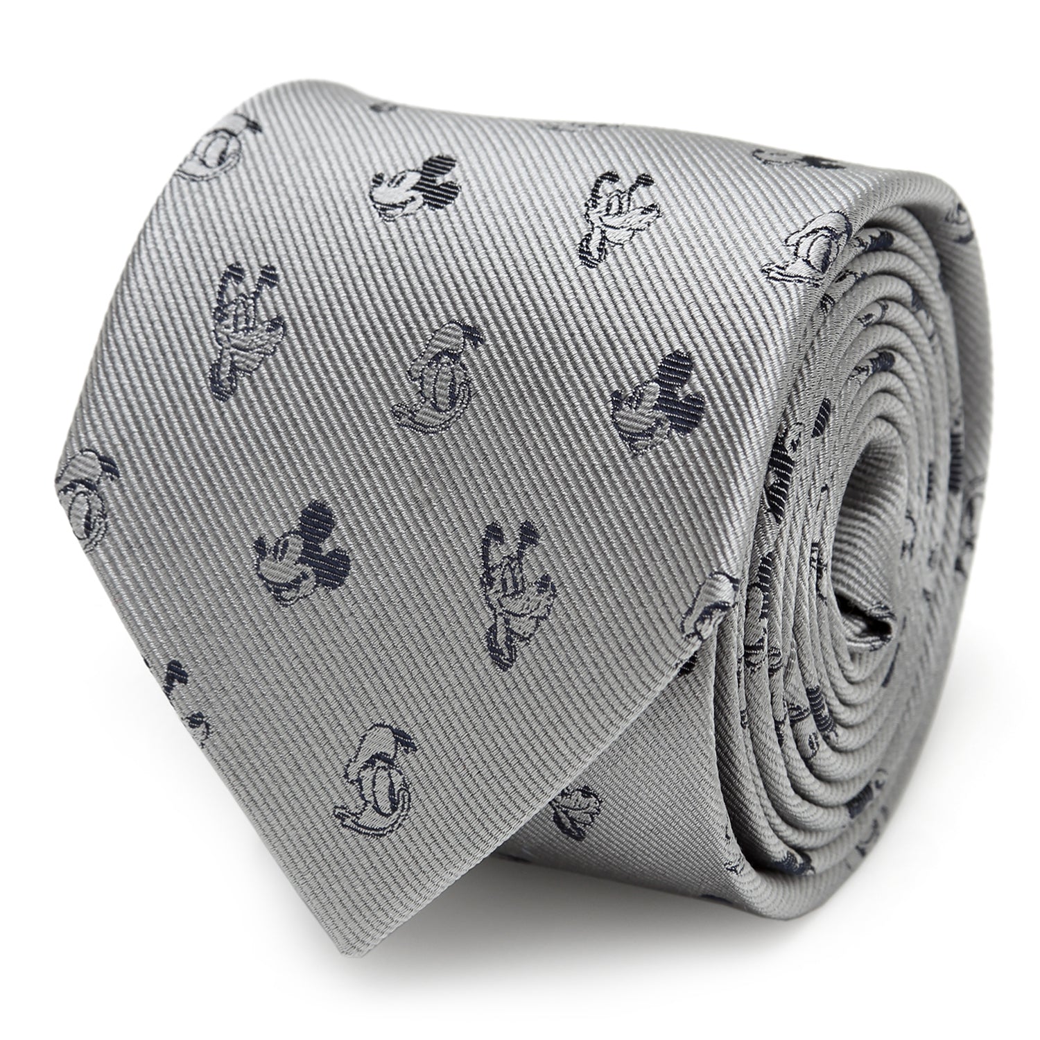 Close-up of a gray silk men's necktie featuring small black patterned motifs of Mickey Mouse, Donald Duck, and Pluto.