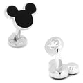 A pair of Mickey Mouse shaped cufflinks made of sterling silver with black onyx stone inlay.