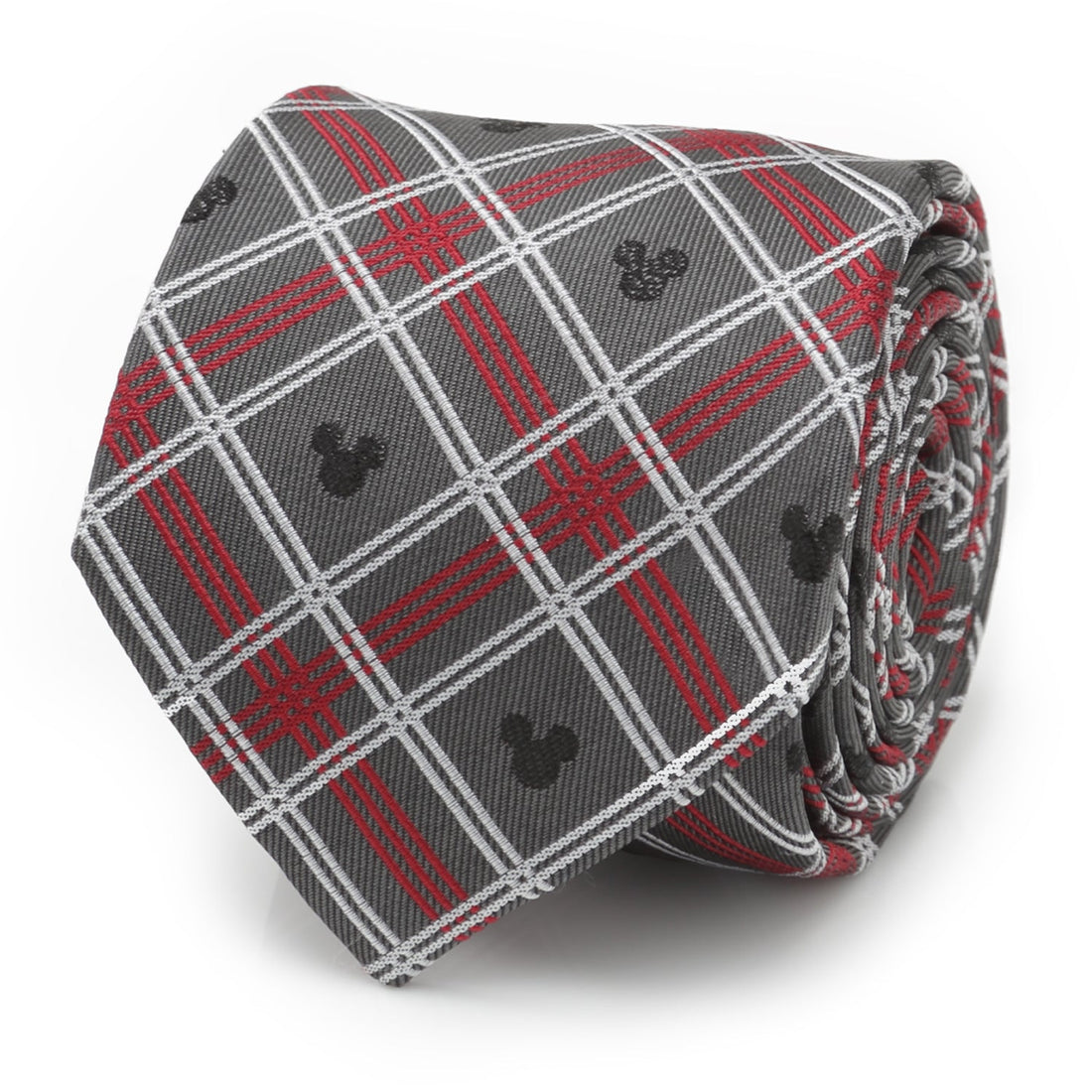Close up of a gray, red, and white plaid silk necktie featuring small black Mickey Mouse icons, shown rolled and also on a suit mannequin.