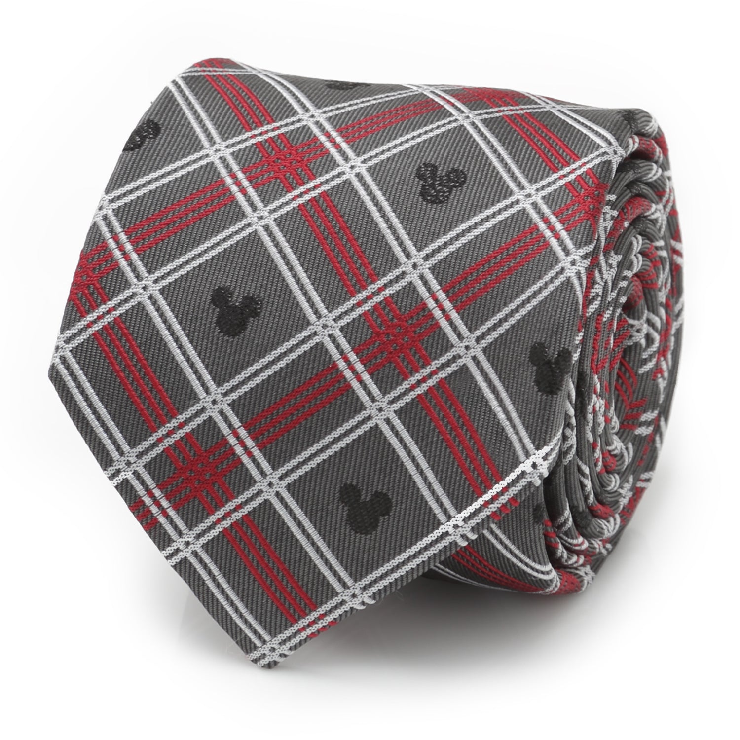 Close up of a gray, red, and white plaid silk necktie featuring small black Mickey Mouse icons, shown rolled and also on a suit mannequin.