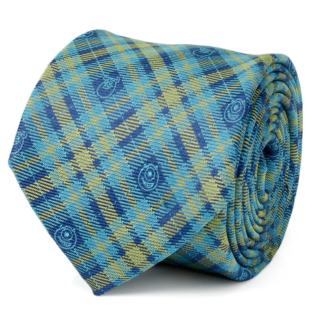 Close up of a blue and green plaid tie with small Monsters Inc. character icons, and a view of the tie styled on a mannequin with a grey suit.