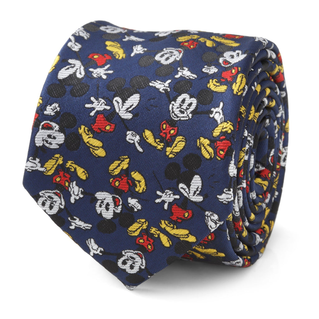 Disney Mickey Mouse action print necktie in navy blue featuring red, yellow, and white character details.