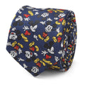 Disney Mickey Mouse action print necktie in navy blue featuring red, yellow, and white character details.