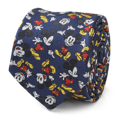 Disney Mickey Mouse action print necktie in navy blue featuring red, yellow, and white character details.