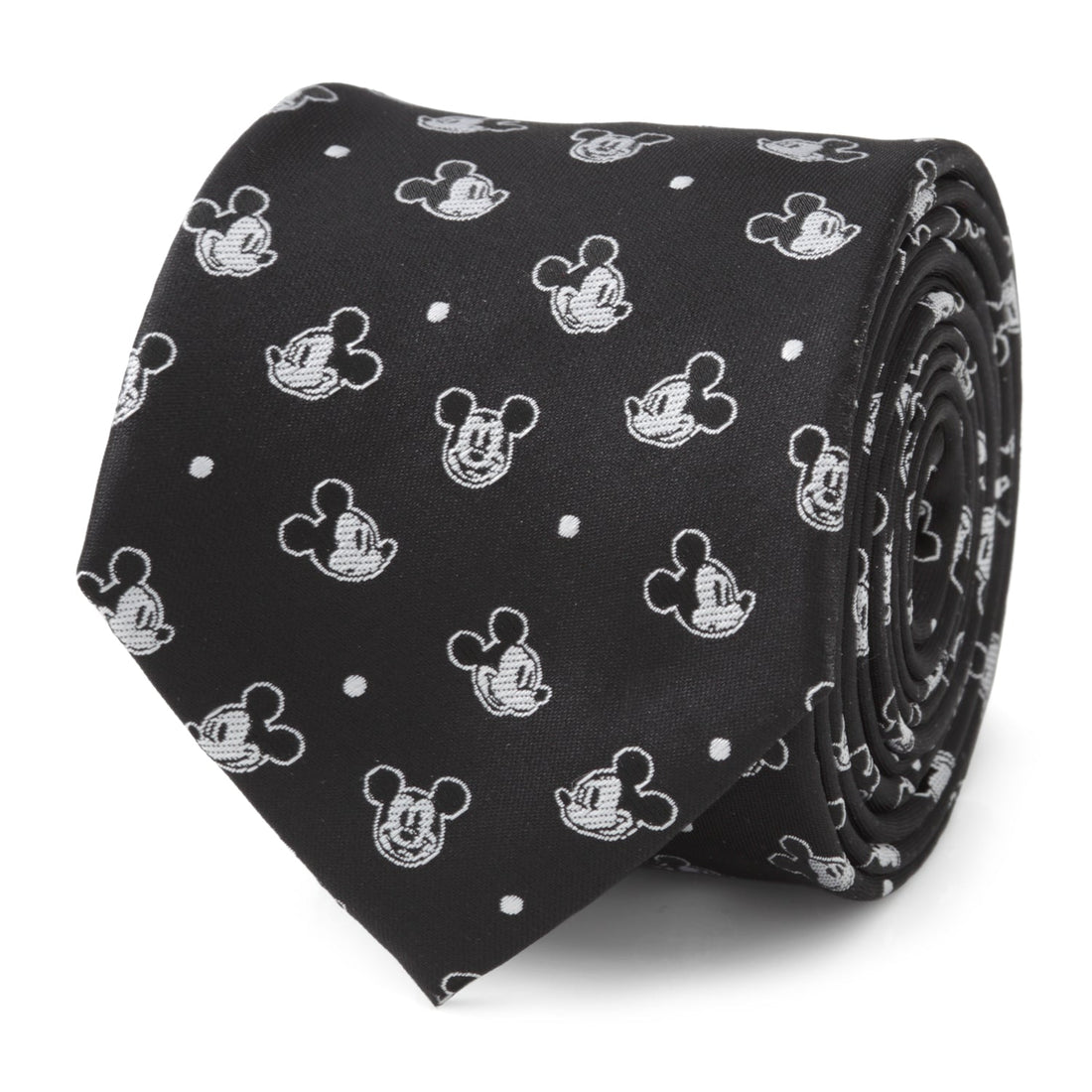 A black men's necktie featuring a repeating white pattern of various Mickey Mouse faces and small white dots.