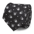 A black men's necktie featuring a repeating white pattern of various Mickey Mouse faces and small white dots.