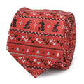 A red men's necktie with a festive Fair Isle pattern featuring Mickey Mouse silhouettes, snowflakes, and Christmas trees.