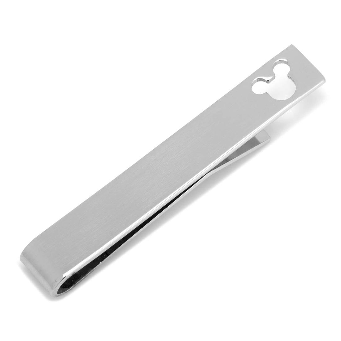Silver tone tie bar featuring a small cutout Mickey Mouse icon design