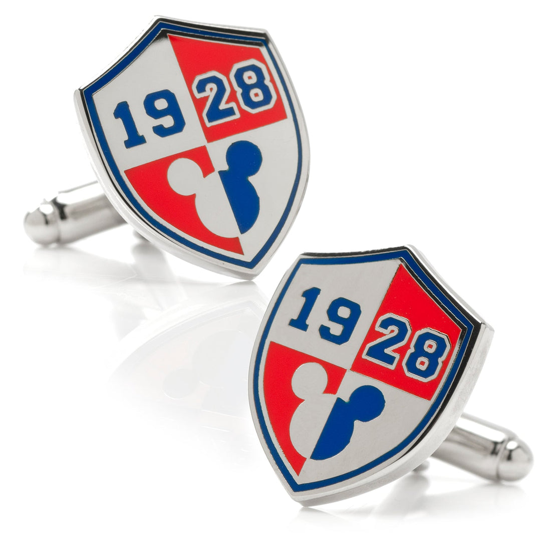 Disney Mickey Mouse 1928 shield design cufflinks in red, white, and blue enamel with silver-tone metal.