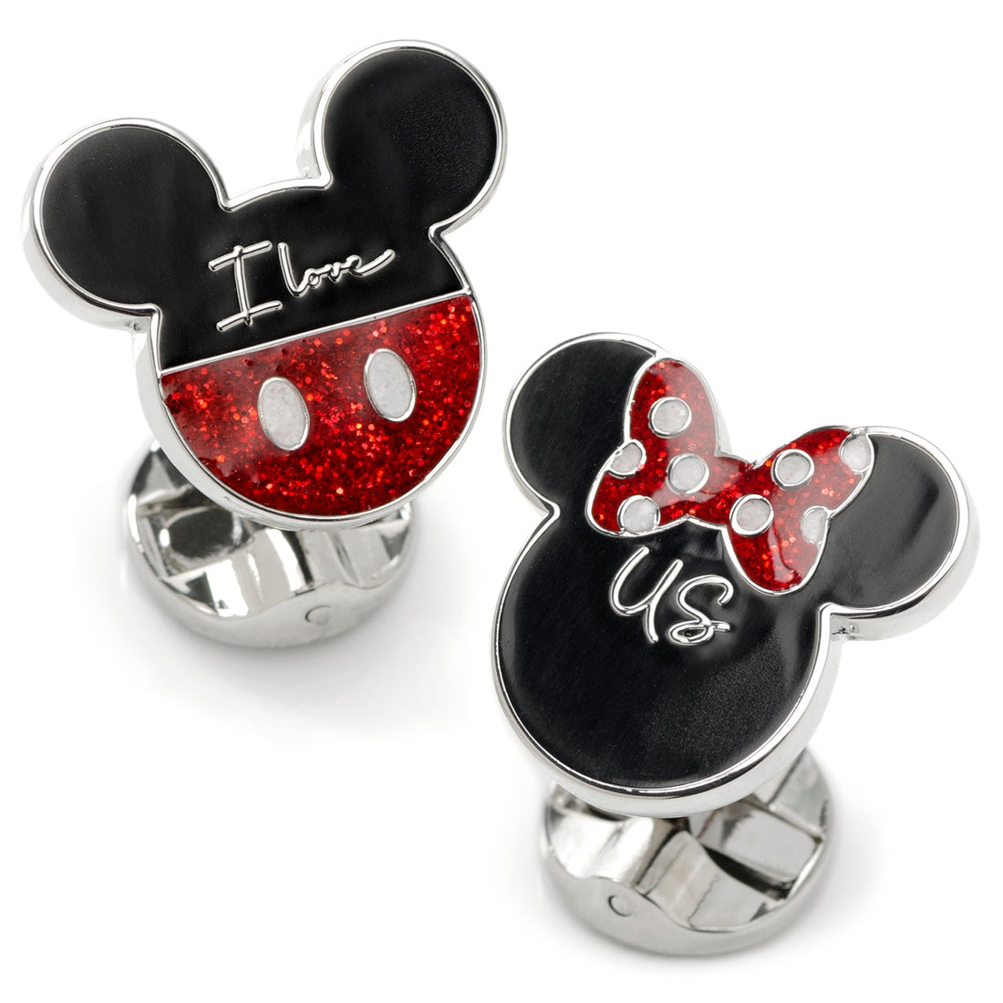 Disney Mickey and Minnie Mouse I Love Us themed silver-tone cufflinks with red enamel detailing