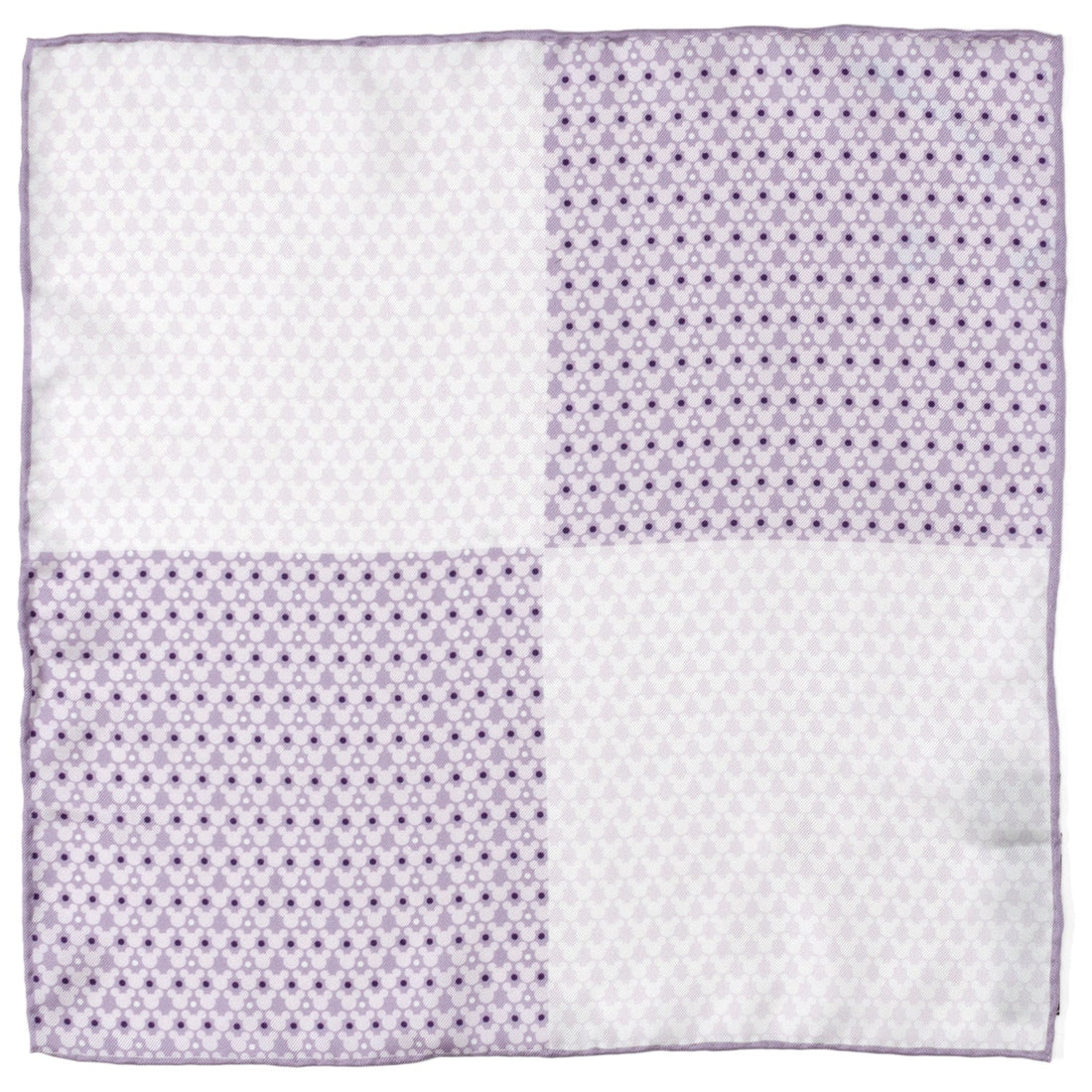 Folded lavender and white silk pocket square with a Mickey Mouse dot pattern