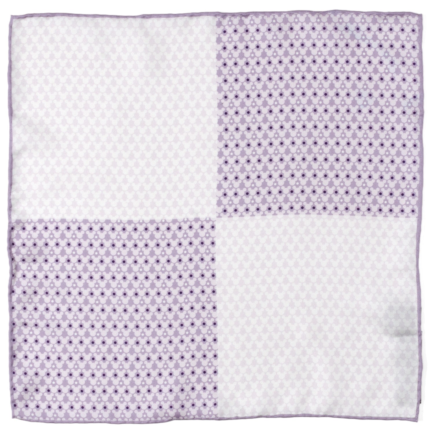 Folded lavender and white silk pocket square with a Mickey Mouse dot pattern