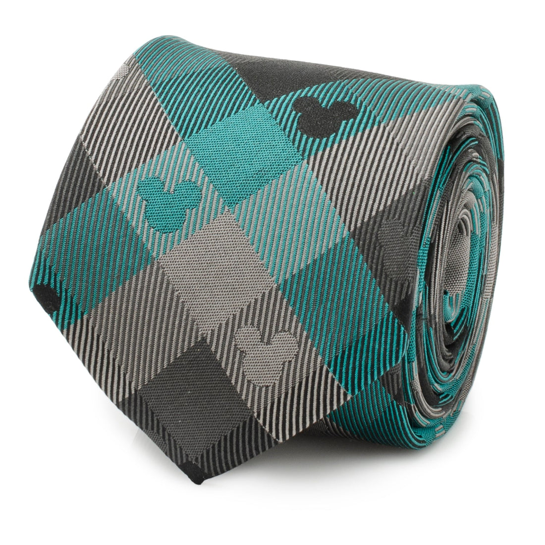 A rolled teal and grey plaid necktie with subtle Mickey Mouse silhouette patterns.