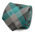 A rolled teal and grey plaid necktie with subtle Mickey Mouse silhouette patterns.