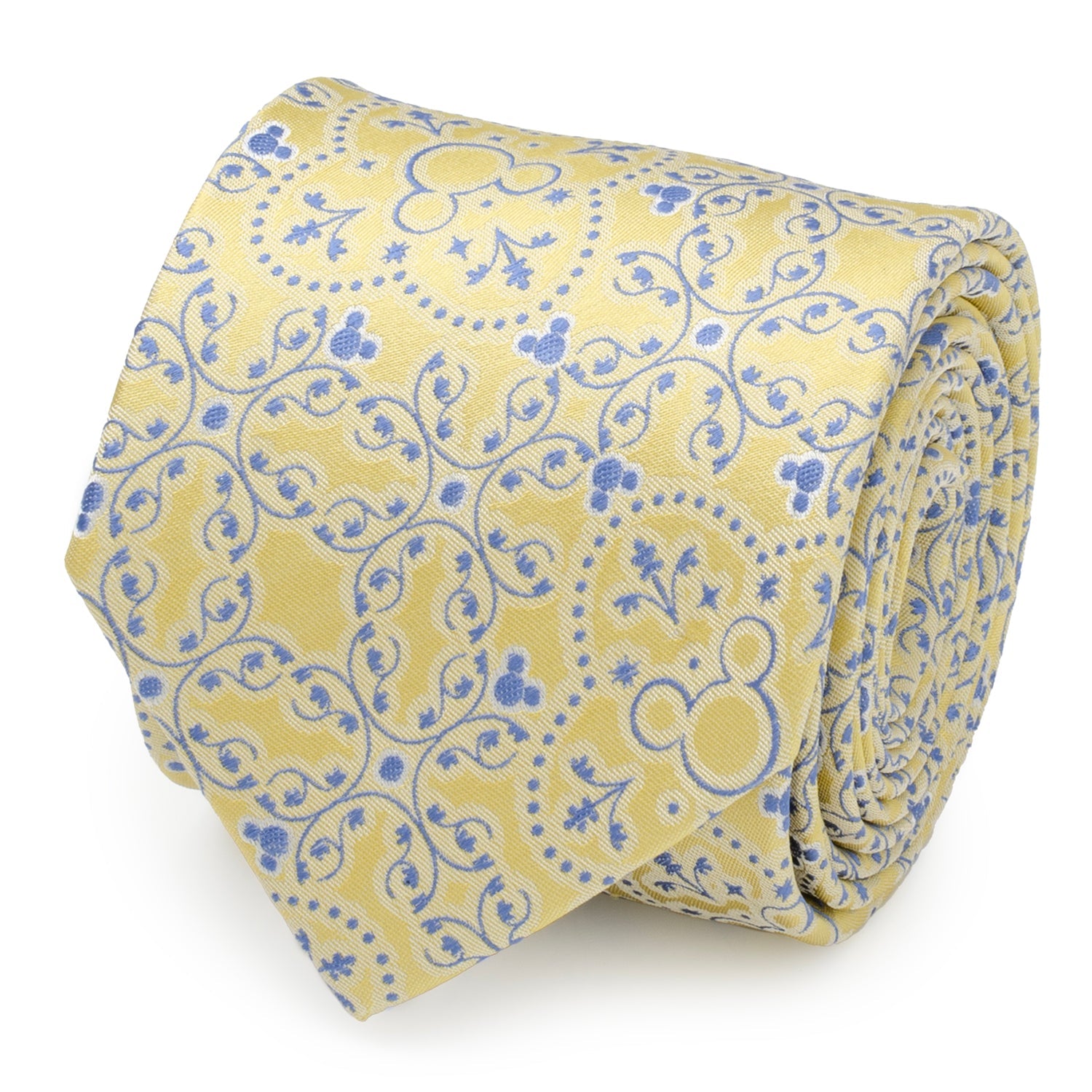 Bright yellow men's necktie with a repeating blue pattern of Mickey Mouse heads.