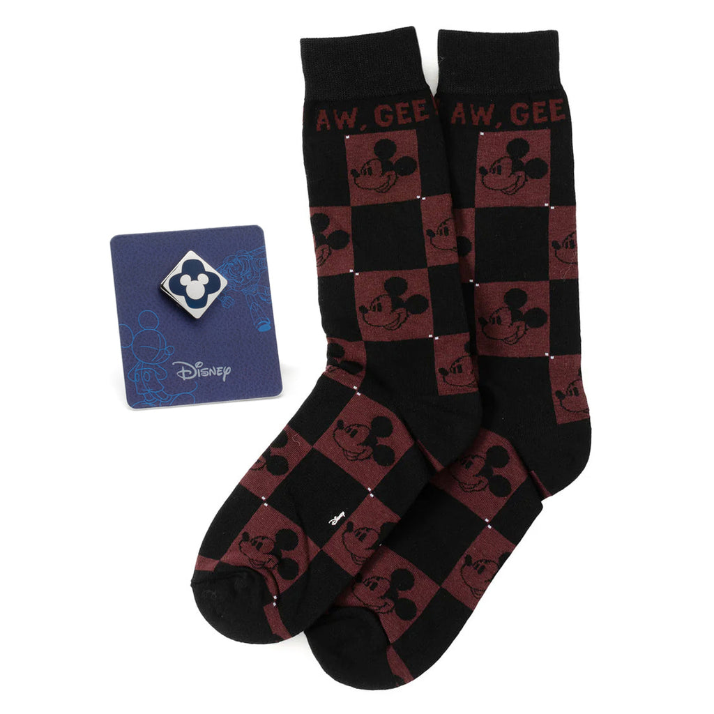 Disney Mickey Mouse themed gift set including black and red checkered socks with Mickey icon patterns and a blue Mickey Mouse enamel lapel pin.