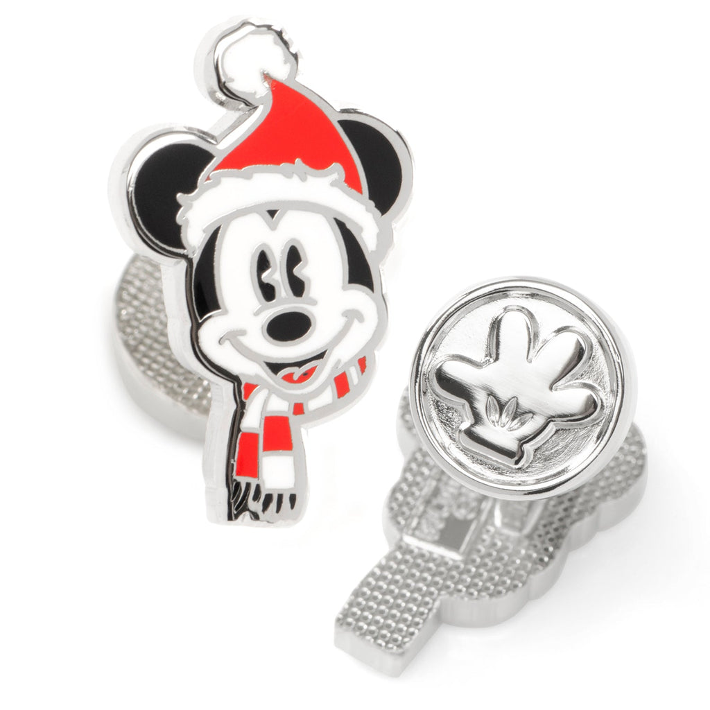 Pair of silver plated Mickey Mouse cufflinks wearing red and white Santa hats and scarves