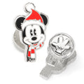 Pair of silver plated Mickey Mouse cufflinks wearing red and white Santa hats and scarves