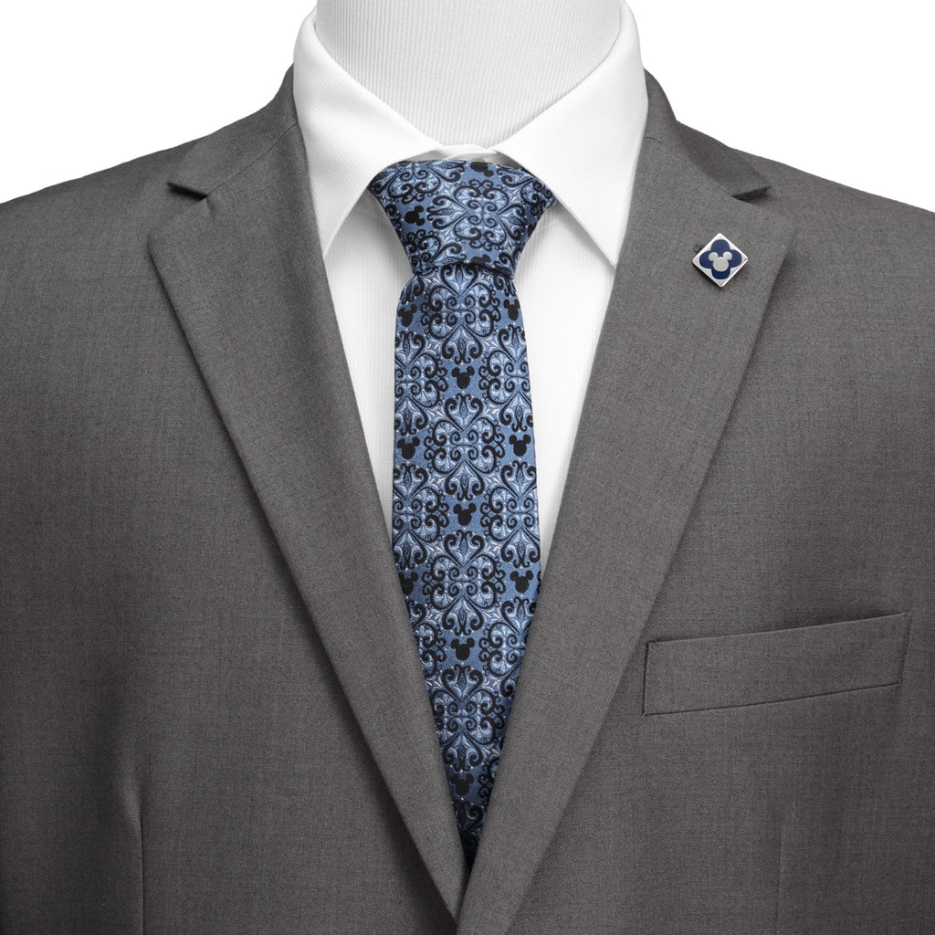 Blue Mickey Mouse Damask Pattern Silk Necktie - Image 2