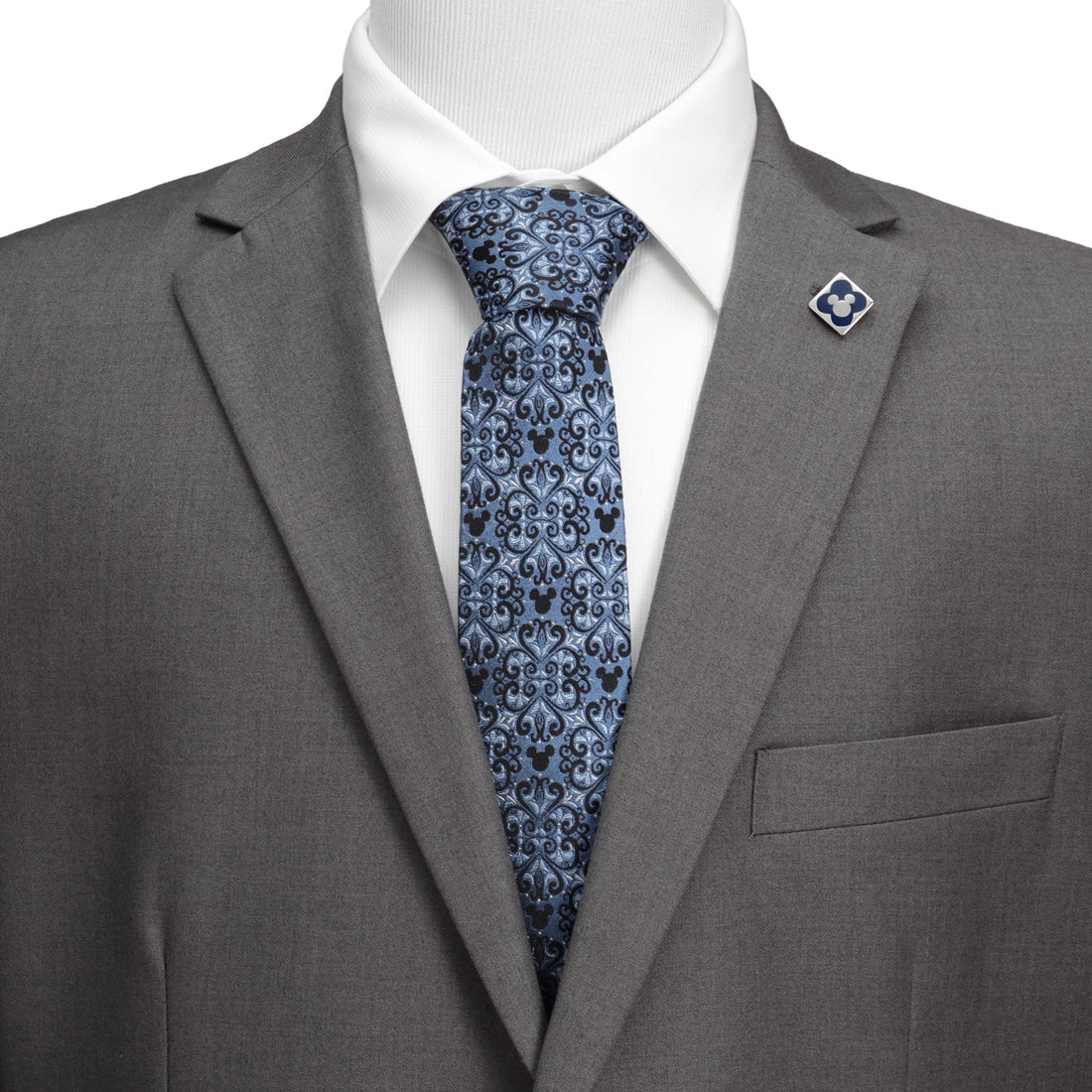 Blue Mickey Mouse Damask Pattern Silk Necktie - Image 2
