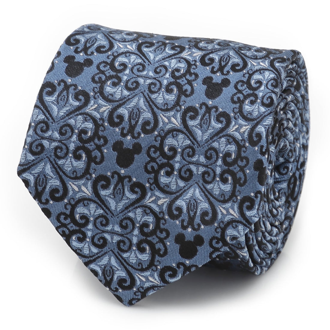 A close-up view of a blue silk necktie with a black damask pattern and hidden Mickey Mouse icons.