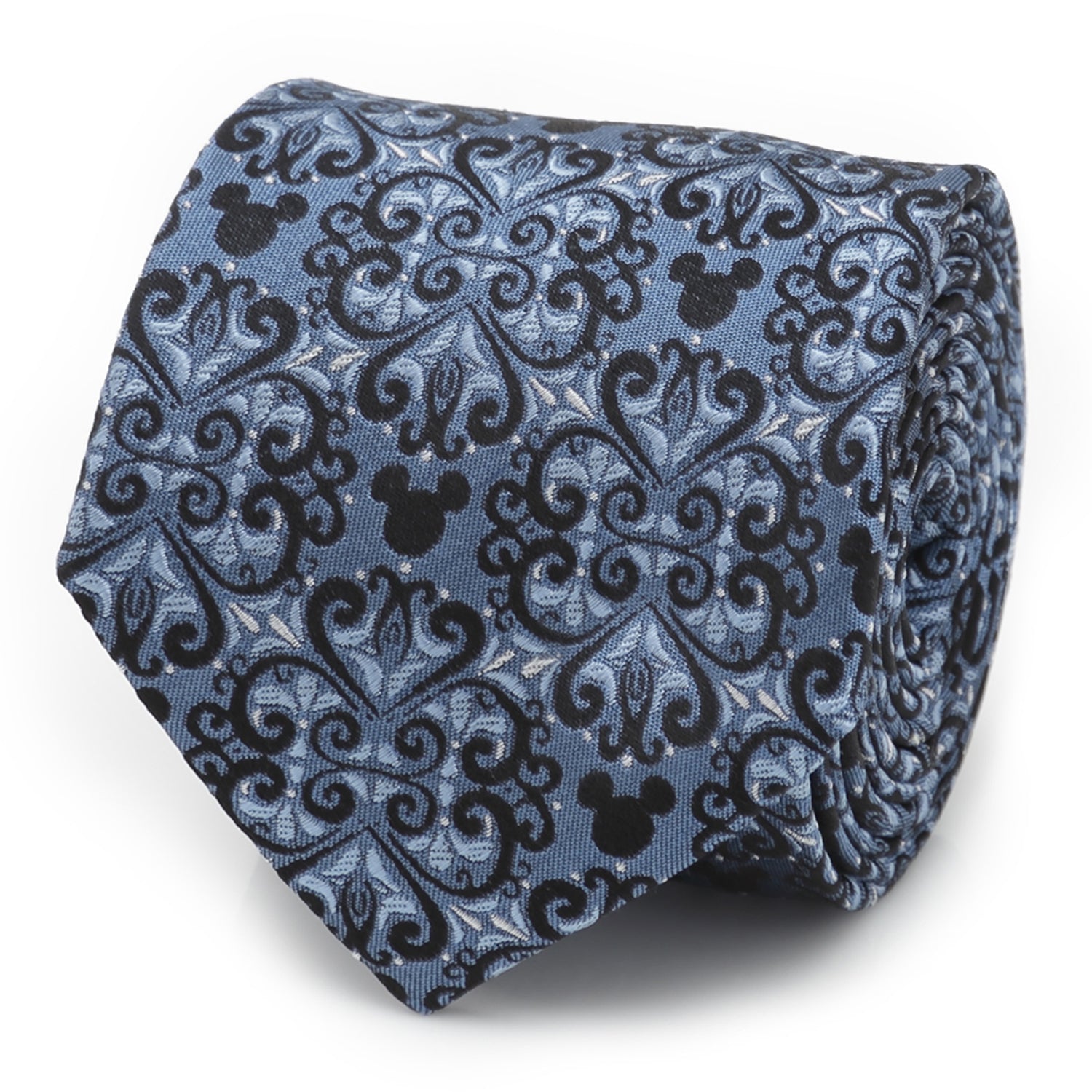A close-up view of a blue silk necktie with a black damask pattern and hidden Mickey Mouse icons.