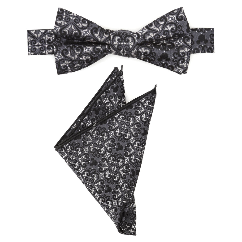 Mickey Mouse damask pattern bow tie and pocket square set in slate gray and silver, shown with gift box.