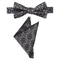 Mickey Mouse damask pattern bow tie and pocket square set in slate gray and silver, shown with gift box.