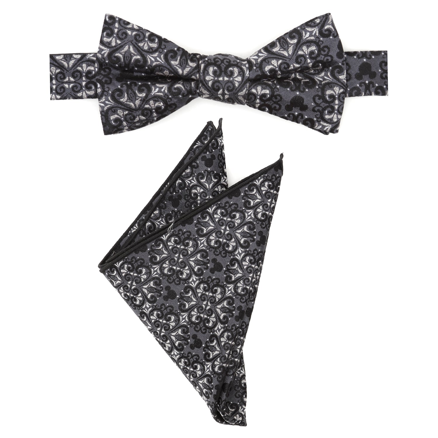 Mickey Mouse damask pattern bow tie and pocket square set in slate gray and silver, shown with gift box.