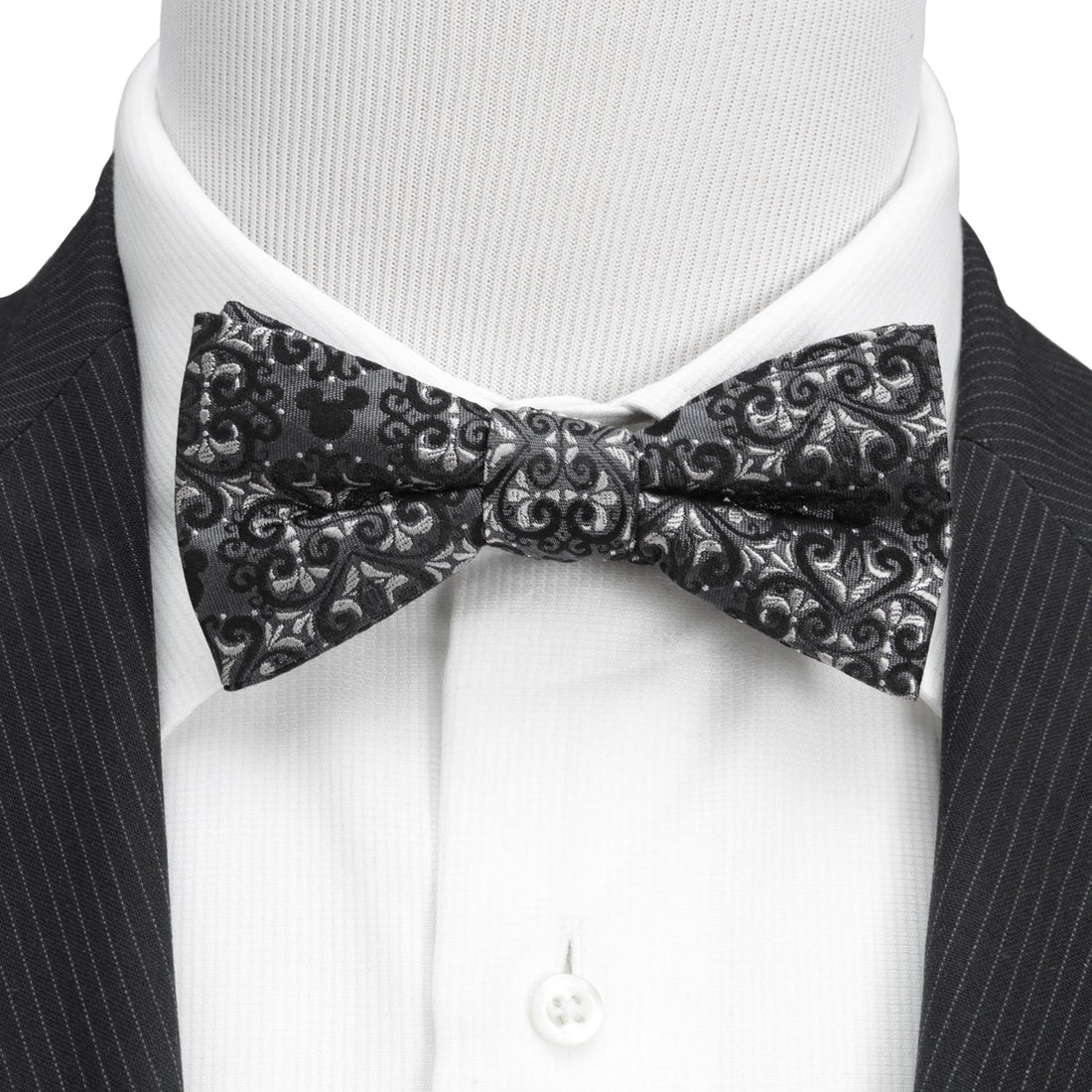 Disney Mickey Mouse Damask Pattern Silk Bow Tie Gray Black - Image 2
