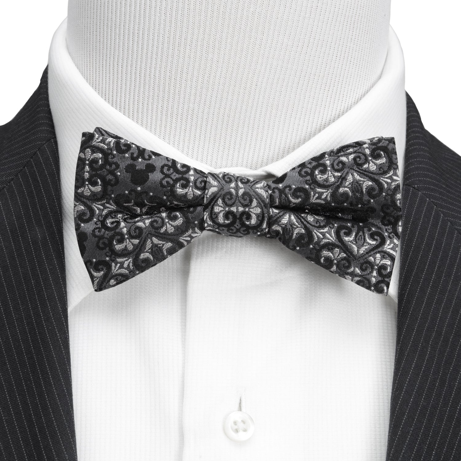 Disney Mickey Mouse Damask Pattern Silk Bow Tie Gray Black - Image 2