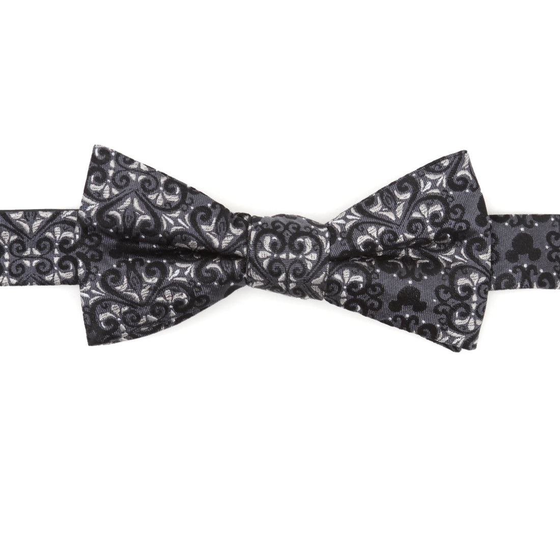 Close up of a gray and black silk bow tie featuring a damask pattern with hidden Mickey Mouse silhouettes.