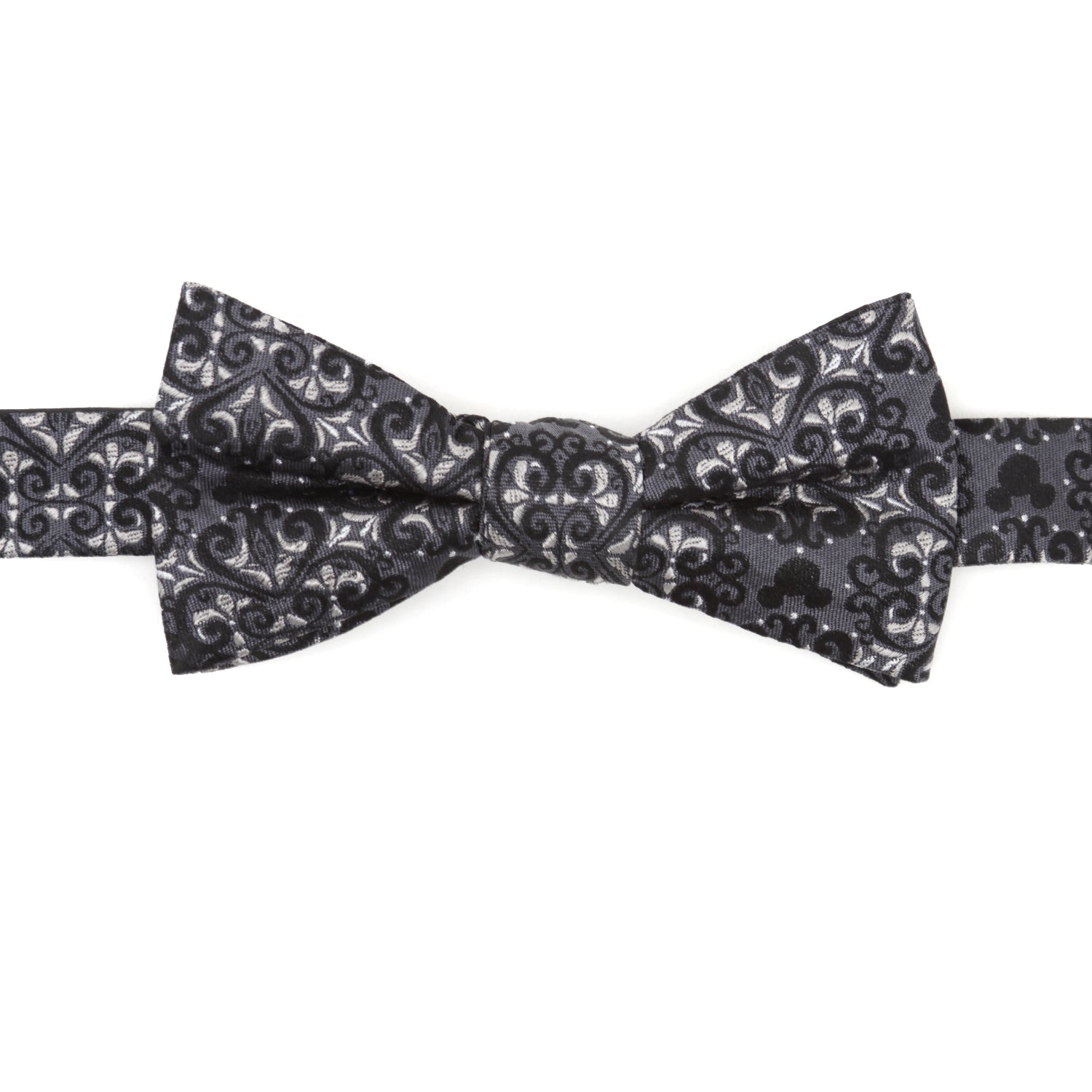 Close up of a gray and black silk bow tie featuring a damask pattern with hidden Mickey Mouse silhouettes.