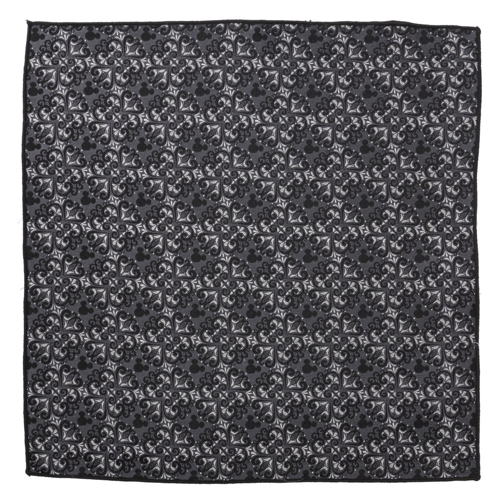 Mickey Mouse damask tile pattern pocket square in slate gray and silver colors.