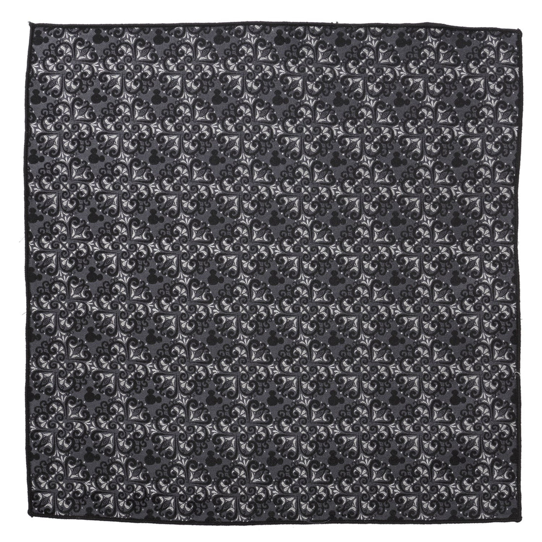 Mickey Mouse damask tile pattern pocket square in slate gray and silver colors.