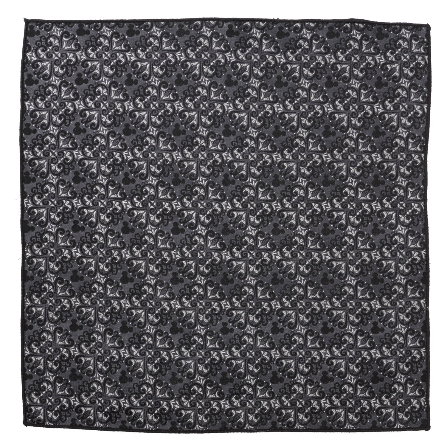 Mickey Mouse damask tile pattern pocket square in slate gray and silver colors.