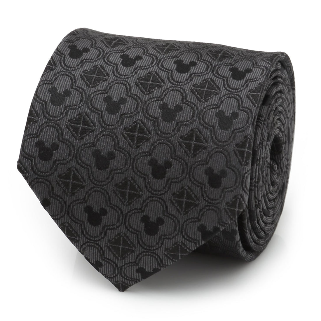 A black necktie featuring a repeating pattern of Mickey Mouse silhouettes, clover shapes, and geometric diamonds.