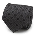 A black necktie featuring a repeating pattern of Mickey Mouse silhouettes, clover shapes, and geometric diamonds.