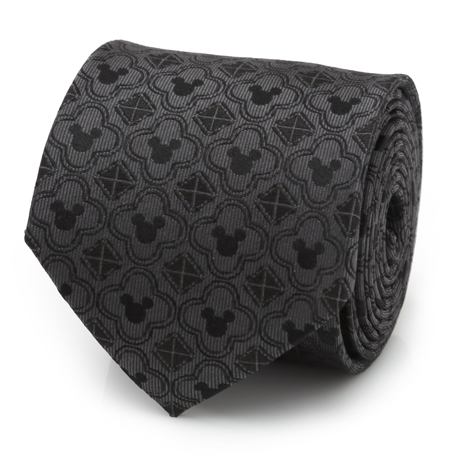 A black necktie featuring a repeating pattern of Mickey Mouse silhouettes, clover shapes, and geometric diamonds.
