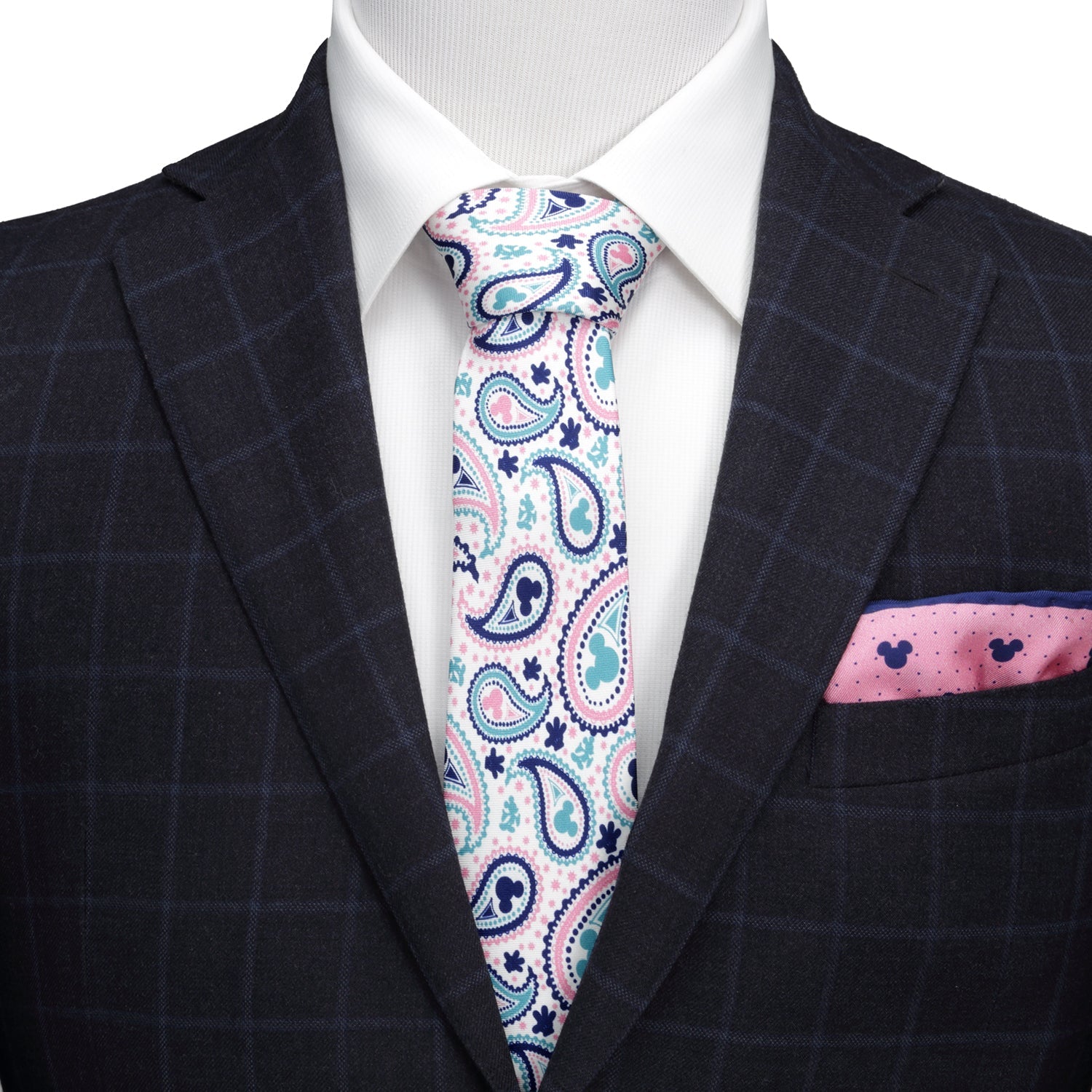 Mickey Mouse Paisley Slim Tie in Teal Navy and Pink Silk - Image 2