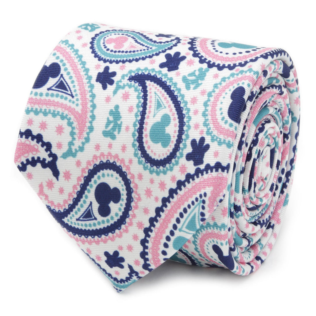 Close up rolled view of a slim men's tie with Mickey Mouse paisley pattern in teal, navy, and pink on an ivory background.