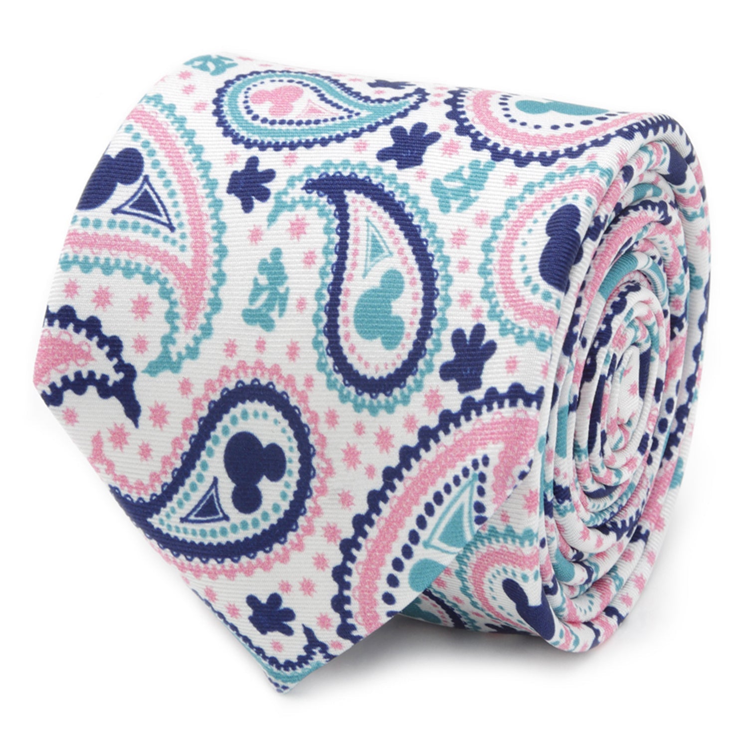 Close up rolled view of a slim men's tie with Mickey Mouse paisley pattern in teal, navy, and pink on an ivory background.