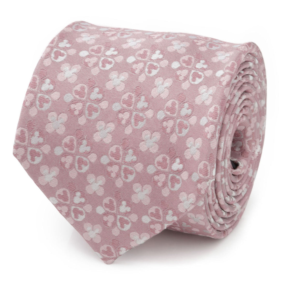 Close-up of a pink silk necktie featuring a subtle white and rose gold floral pattern with hidden Mickey Mouse icons.