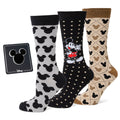Mickey Mouse Variety Gift Set containing three pairs of crew socks with different patterns and a black Mickey Mouse lapel pin.