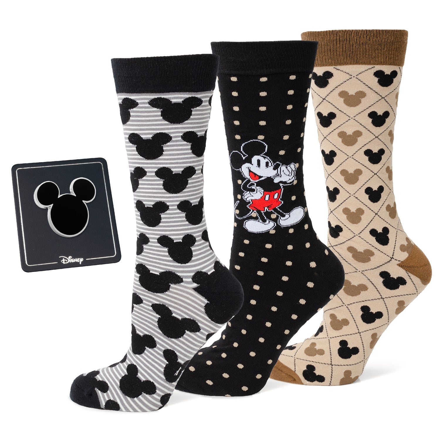 Mickey Mouse Variety Gift Set containing three pairs of crew socks with different patterns and a black Mickey Mouse lapel pin.
