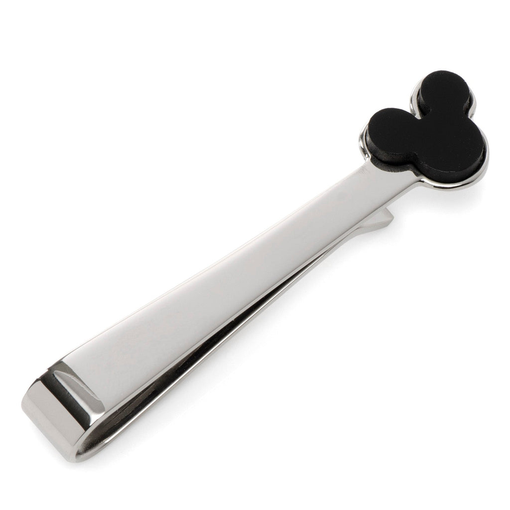 Mickey Mouse Onyx Stainless Steel Tie Bar displayed on a grey suit tie
