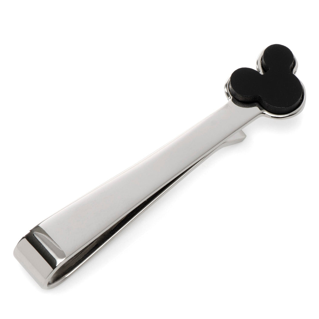 Mickey Mouse Onyx Stainless Steel Tie Bar displayed on a grey suit tie
