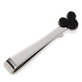Mickey Mouse Onyx Stainless Steel Tie Bar displayed on a grey suit tie