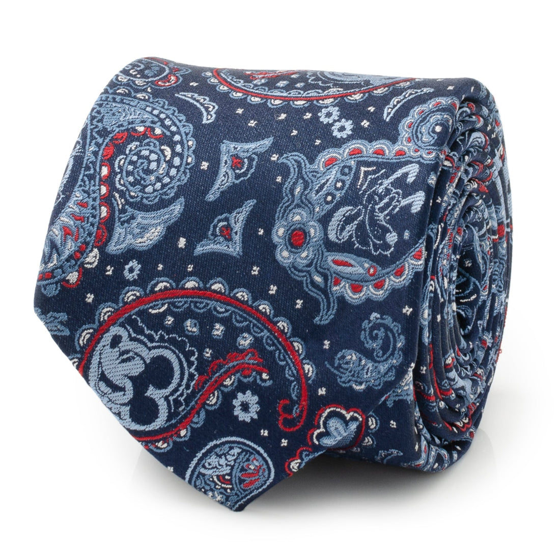 Close up of a navy blue silk necktie with a paisley pattern incorporating hidden Mickey Mouse silhouettes and red accents