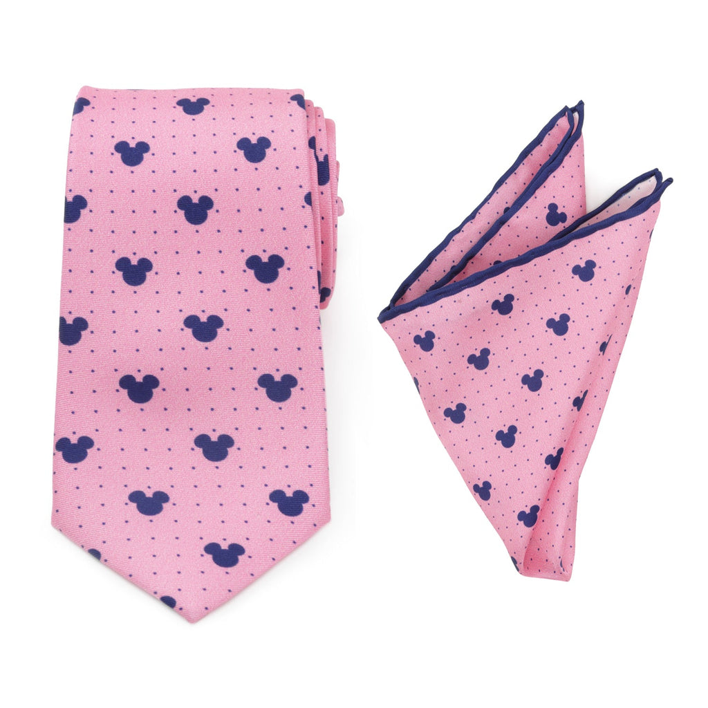 Disney Mickey Mouse themed pink silk neck tie and pocket square set displayed next to a black gift box